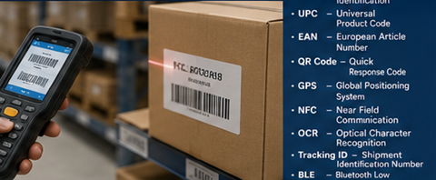 Skladový pracovník skenující RFID tagy a štítky s čárovým kódem při řízení zásob