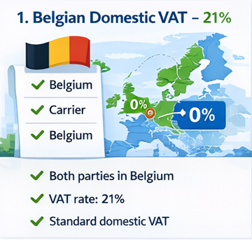 Mapa Belgie s přepravními trasami znázorňující uplatnění 21% tuzemské DPH na fakturách ExusTrans