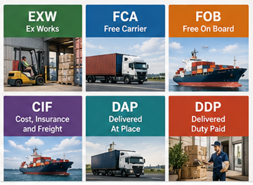 Přehled běžných Incoterms včetně EXW, FOB, CIF, DDP a DAP v globální logistice