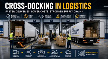 Cross-dockingový sklad s kamiony nakládajícími a vykládajícími zboží v moderním evropském logistickém centru