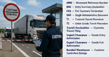 Proces celního odbavení na hranici s přepravními dokumenty a zkratkami pro importně-exportní operace