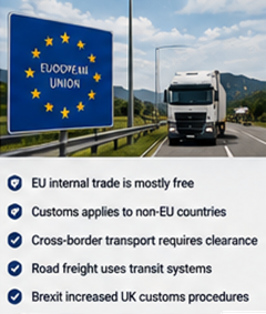 Evropské kamiony překračující hranice a dokončující celní postupy v logistických operacích