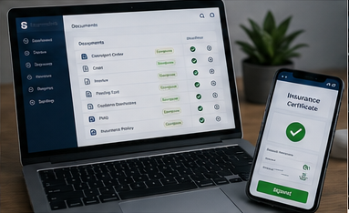 Digitální logistická platforma zobrazující online pojistné certifikáty a správu přepravní dokumentace