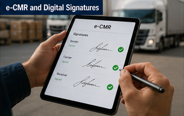 Řidič podepisuje digitální přepravní dokument na tabletu, což představuje elektronický podpis e-CMR