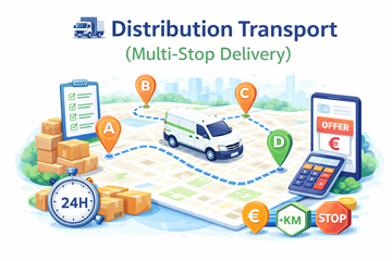 Distribuční přeprava s více místy vykládky na jedné trase, znázornění logistiky s více zastávkami a flexibilní cenotvorby