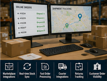 E-commerce sklad využívající systém řízení skladu pro vyřízení online objednávek