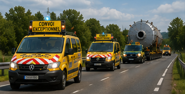 Doprovodná vozidla doprovázející konvoj nadrozměrné přepravy po evropské dálnici