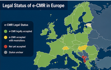 Mapa Evropy zobrazující země, kde je e-CMR právně akceptováno pro digitální přepravní dokumenty