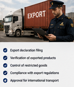 Exportní náklad a celníci zpracovávající dokumenty k mezinárodní zásilce