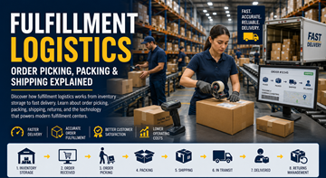 Moderní fulfillment sklad s pracovníky, kteří balí online objednávky a připravují zásilky