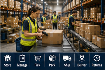 Skladoví pracovníci zpracovávající fulfillment operace a online objednávky