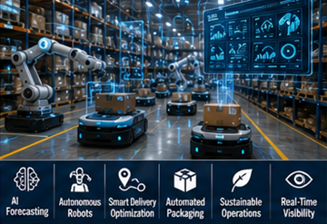 Budoucí fulfillment sklad s roboty, AI automatizací a chytrými logistickými systémy