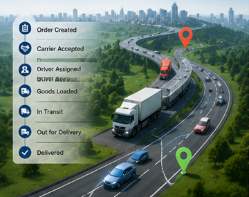 Moderní logistický tracking proces zobrazující GPS sledování kamionu, digitální přepravní systémy a aktualizace zásilek