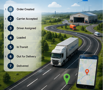 Digitální logistický proces zobrazující sledování zásilek, GPS trasy a aktualizace stavu přepravy