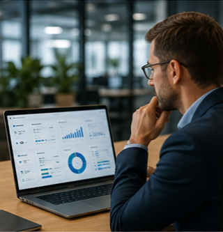 Manažer používající dashboard viditelnosti zásilek pro monitoring logistických přepravních operací