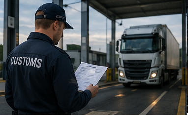 Logistika a celní úředníci kontrolující pojistné a přepravní dokumenty během přepravní operace