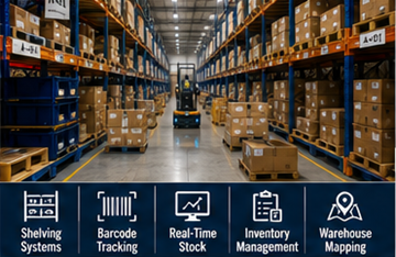 Velké fulfillment centrum se skladovanými e-commerce zásobami na skladových regálech