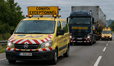 Doprovodná vozidla doprovázející konvoj nadrozměrné přepravy na evropské dálnici