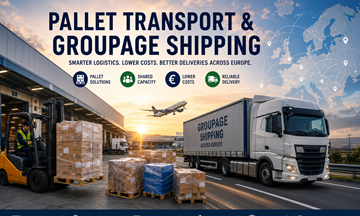Evropská paletová přeprava a sběrná přeprava (groupage) s logistickými kamiony, sklady, paletami a operacemi přepravy