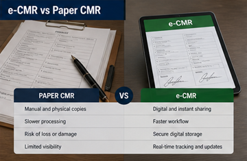 Porovnání papírového dokumentu CMR a digitálního e-CMR na tabletu ukazující moderní transformaci logistiky