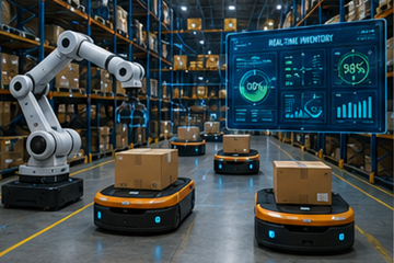 Chytrý sklad s robotizací, automatizací a digitálními systémy řízení zásob