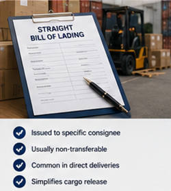 Dokument Straight Bill of Lading používaný pro přímé doručení nákladu