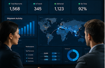 Manažeři dodavatelského řetězce sledující analytiku trackingu přepravy a logistické dashboardy
