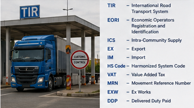 Mezinárodní nákladní vozidlo využívající celní tranzitní systém TIR na evropském hraničním přechodu