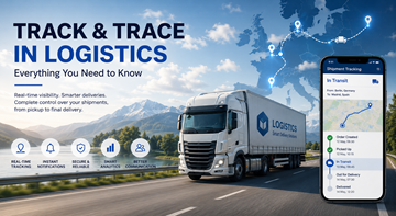 Moderní logistický systém track and trace zobrazující viditelnost zásilek nákladních vozidel, GPS sledování a monitoring doručení v reálném čase napříč Evropou
