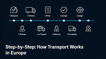 Logistický proces krok za krokem: workflow přepravy, vyzvednutí, doručení, tracking, plánování trasy řidiče v Evropě