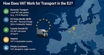Koncept evropské DPH pro dopravní služby znázorňující přeshraniční logistiku a daňová pravidla
